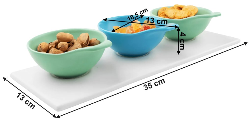 Set de 3 boluri pe tavă, alb / albastru / turcoaz / cyan, KESPER