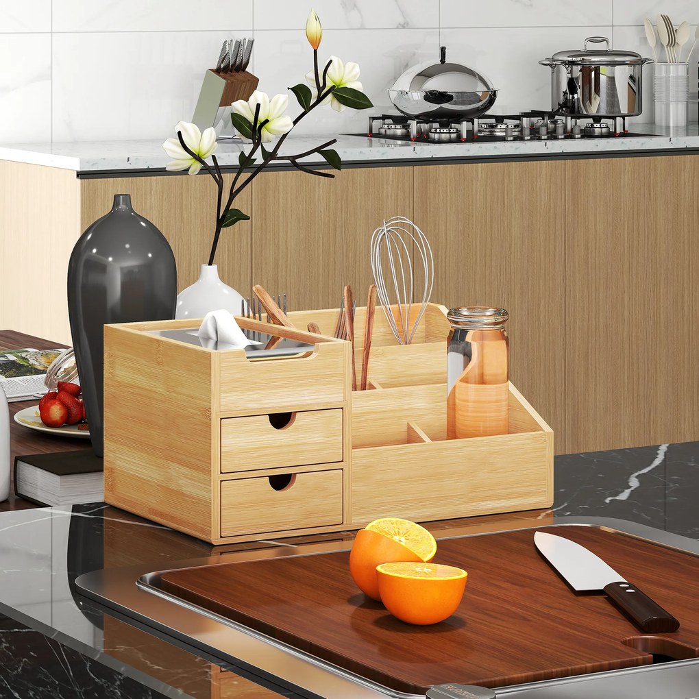HOMCOM Organizator Birou cu 2 Sertare și 7 Compartimente din Bambus 33x20.5x15.5 cm | Aosom Romania
