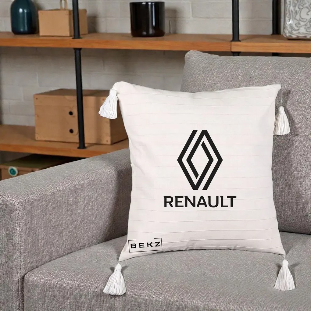 Perna Personalizata cu emblema Renault, 40x40 cm, Bej cu Franjuri, Husa Detasabila, Perna Inclusa, BEKZ®