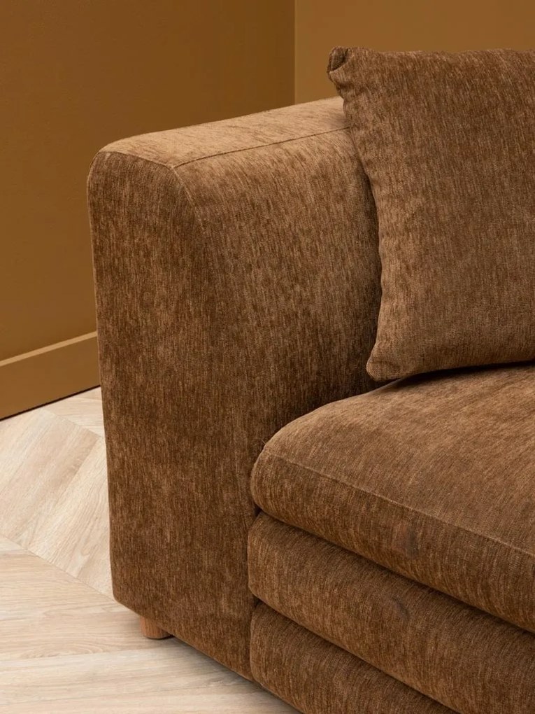 Canapea 3 locuri din catifea maro, cu perne incluse, picioare din lemn masiv, aspect vintage, 68×220×99 cm, „Castano"