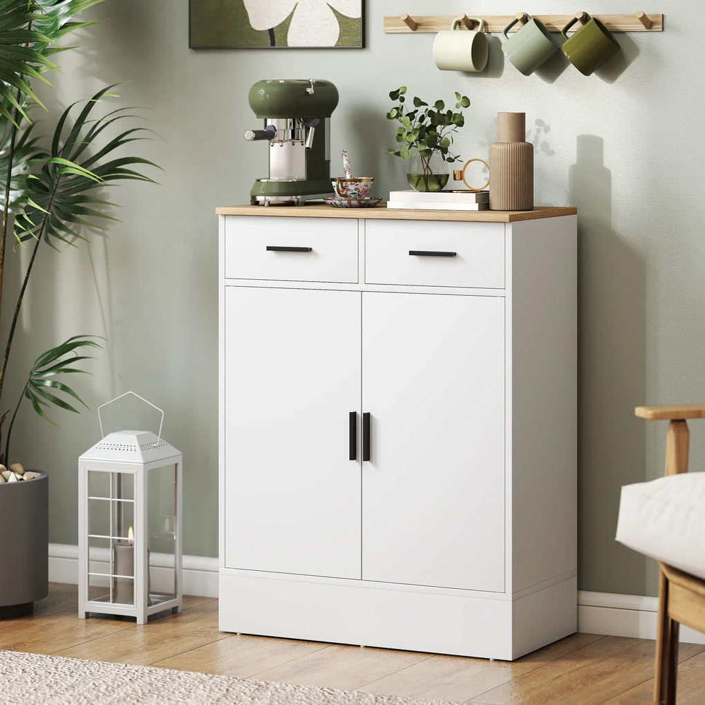 HOMCOM Bufet Modern 2 Sertare și Dulap cu 2 Uși, Raft Interior Reglabil, Alb și Lemn | Aosom Romania