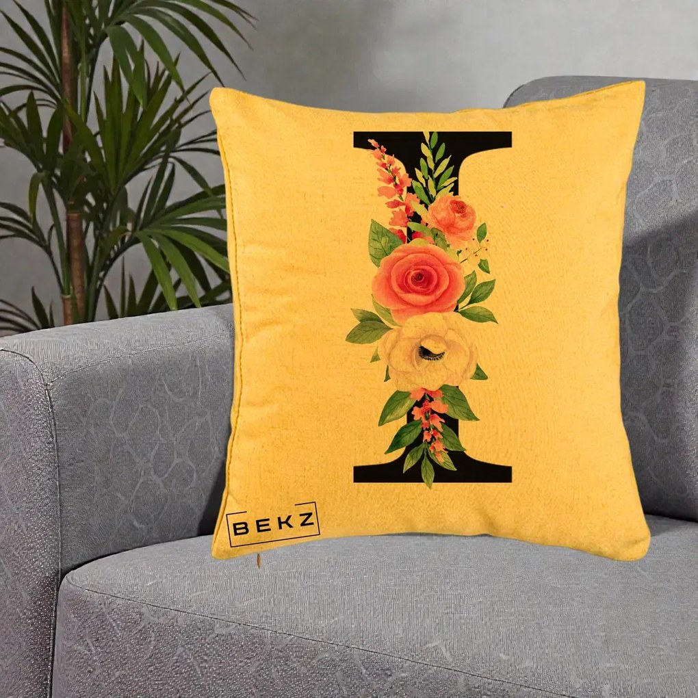 Cadou Personalizat - Perna Personalizata Monograma Florala Litera I, 40x40 cm, Galben, Husa Detasabila, Perna Inclusa, BEKZ®