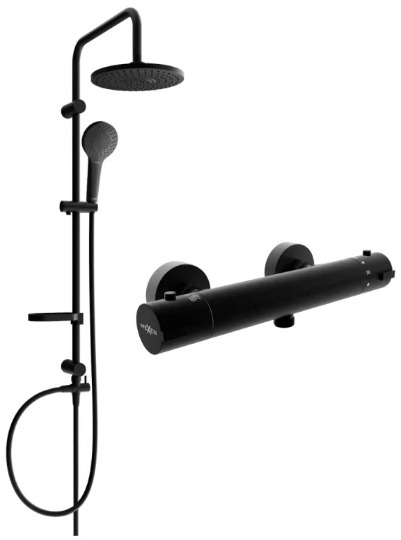 Mexen Kai Set de duș aplicat Erik cu duș fix și baterie de duș termostatică, negru - 77100205-70