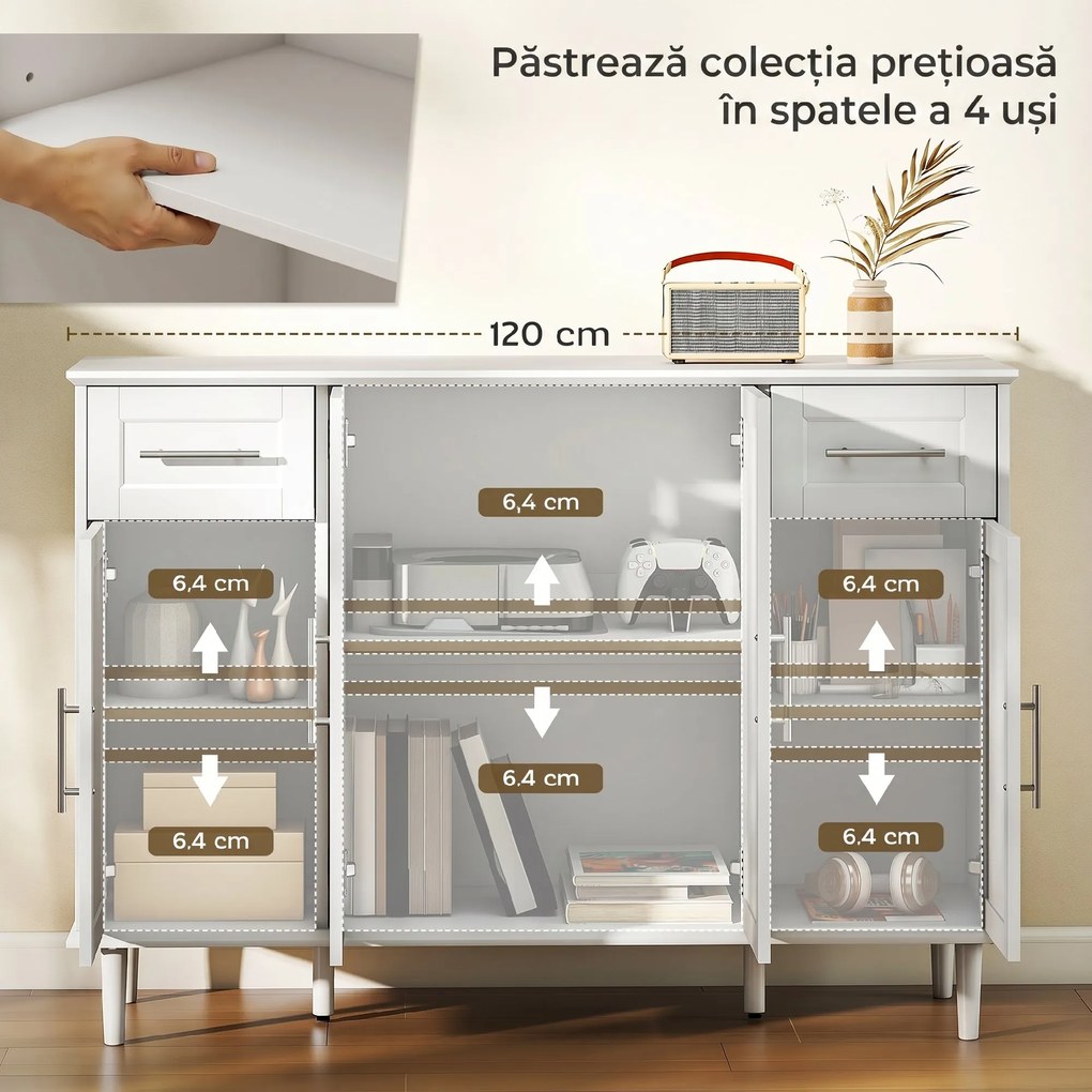 HOMCOM Mobilier de Sufragerie, Credență cu 2 Sertare și 3 Dulapuri cu Rafturi Reglabile, Comodă cu Picioare din Pin pentru Sala de Mese și Bucătărie, 120x38x86 cm, Alb | Aosom Romania