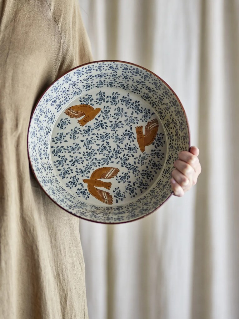 Bol mare din ceramică stoneware pictat manual cu păsări și motive florale, D28xH9 cm, 3350 ml, „Hezha"