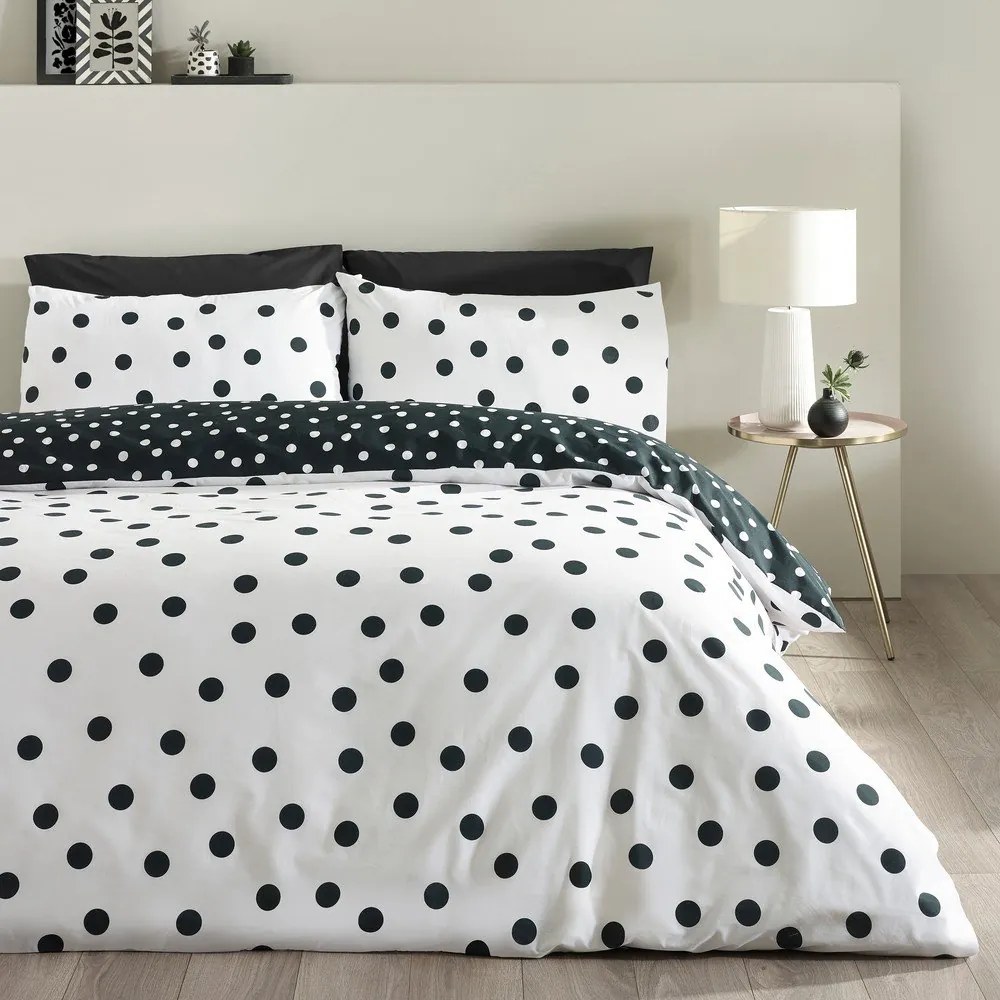 Lenjerie de pat alb-negru pentru pat dublu cu 3 piese 200x200 cm Polka Dot – Catherine Lansfield
