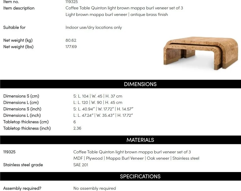 Set 3 Masute design LUX, Furnir Burl Mappa, Maro, Quinton