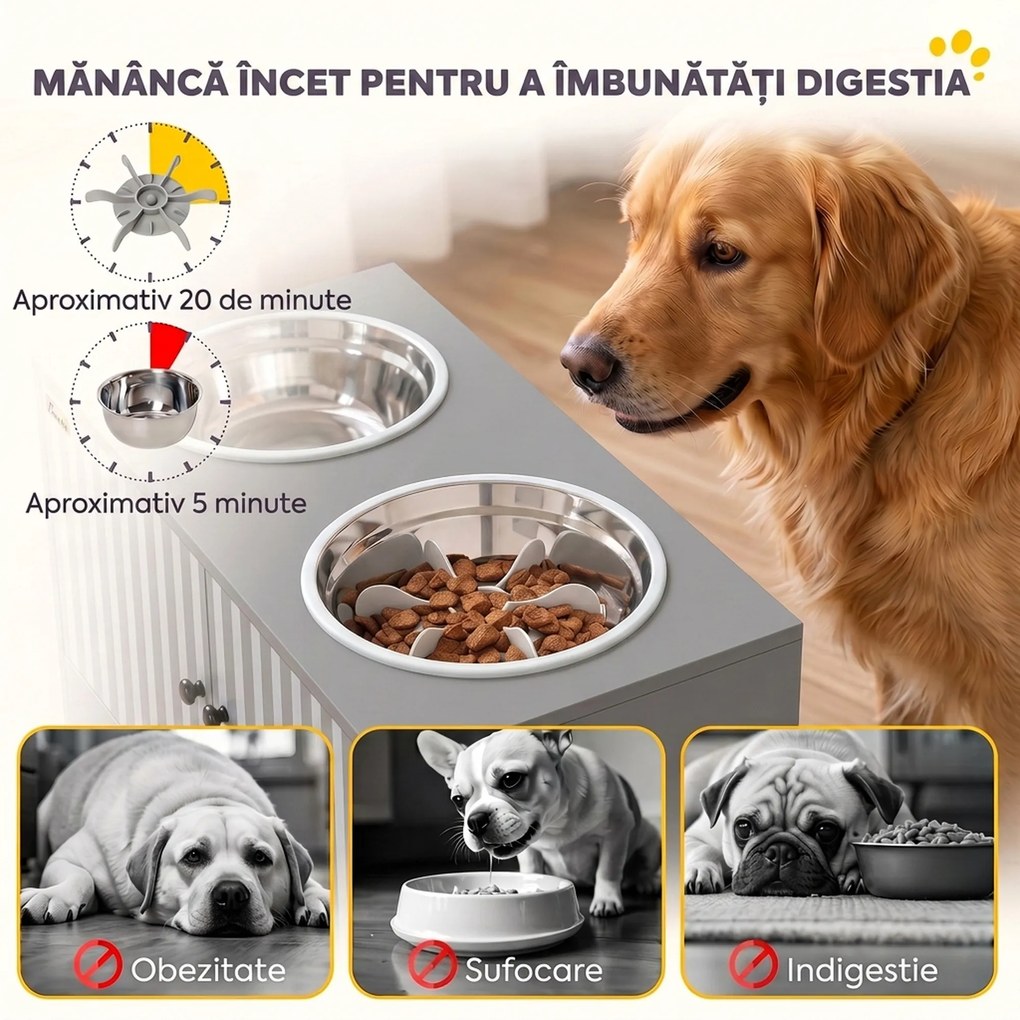 PawHut Suport pentru boluri de câini cu 2 boluri de 2 L din oțel inoxidabil și dulap inferior, din PAL, 60x30x35,5 cm, gri | Aosom Romania