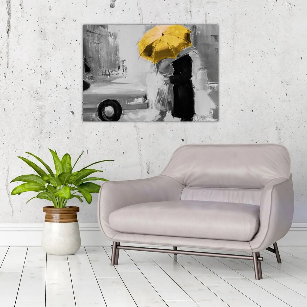 Tablou pe sticlă - Cuplu în dragoste sub o umbrelă, galben (70x50 cm)