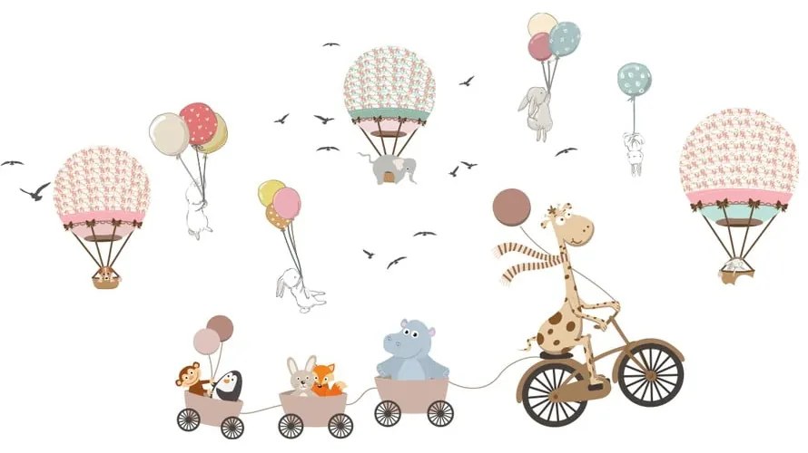 Autocolant de perete pentru copii Ambiance Animals and Hot Air Balloons in the Clouds, 90 x 60 cm