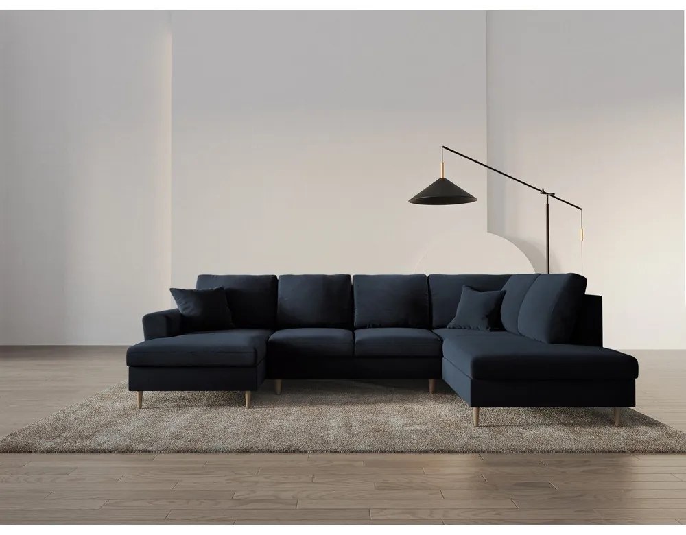 Colțar albastru închis extensibil, cu spațiu de depozitare cu tapițerie din catifea (cu colț pe partea dreaptă-în formă de "U") Kyoto – Cosmopolitan Design