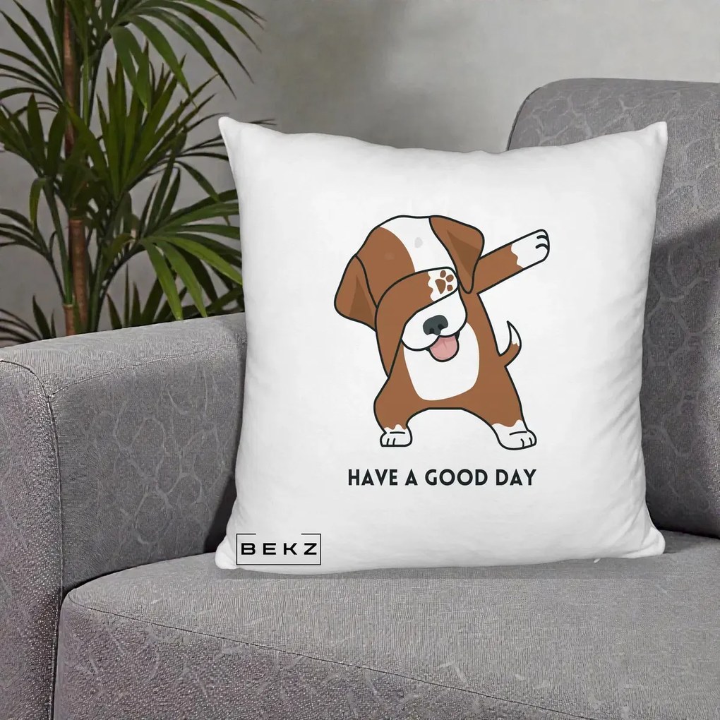 Perna Decorativa Caine Dab Have A Good Day, 40x40 cm, Alb Pufos, Husa Detasabila, Perna Inclusa, BEKZ®
