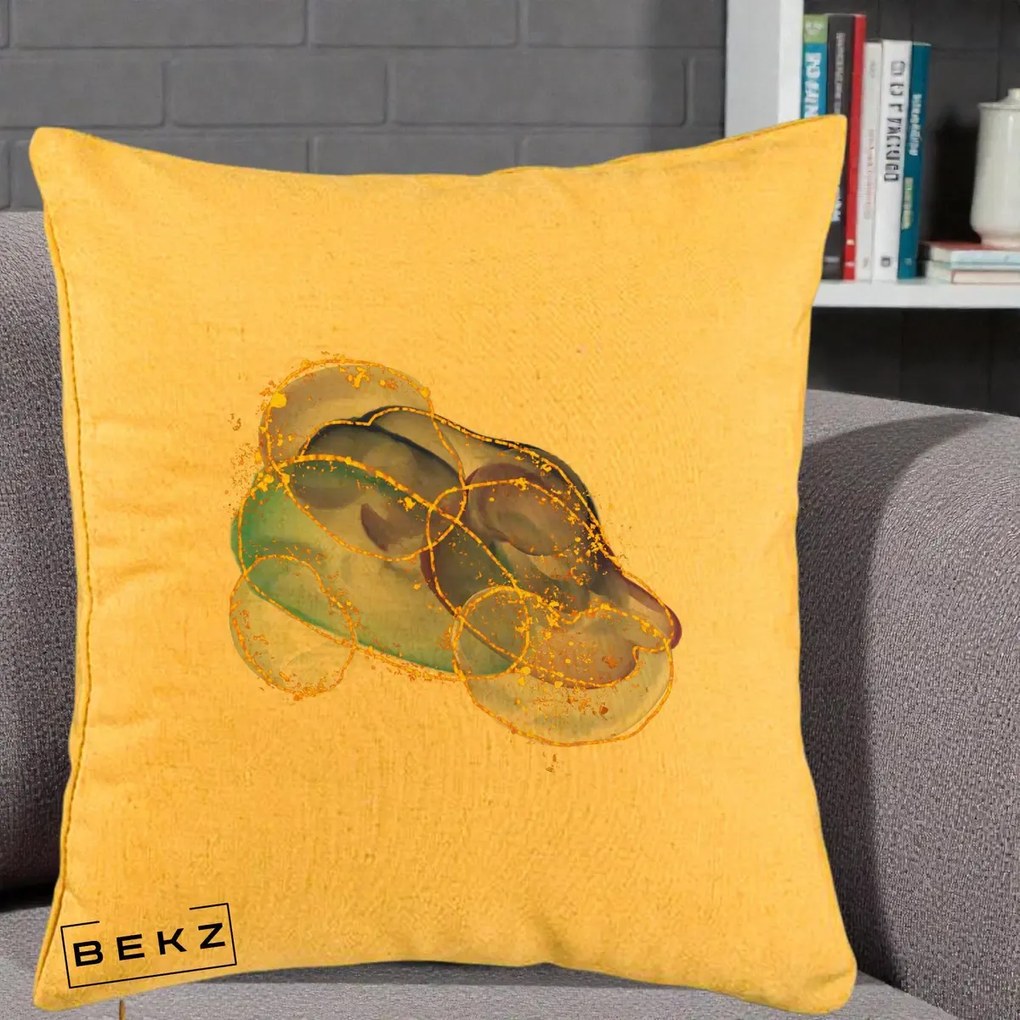Perna Decorativa Abstract Acuarela Albastru-Mov cu Cercuri Aurii, 40x40 cm, Galben, Husa Detasabila, Perna Inclusa, BEKZ®