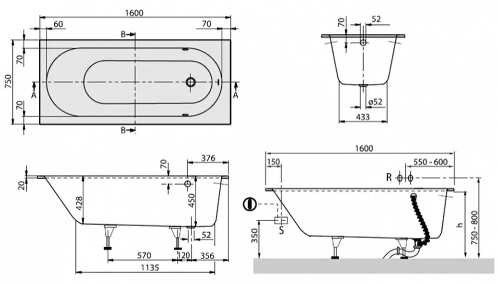 Cada baie incastrata Quaryl - Compozit 160 x 75 cm Villeroy  Boch, Oberon 1600x750 mm