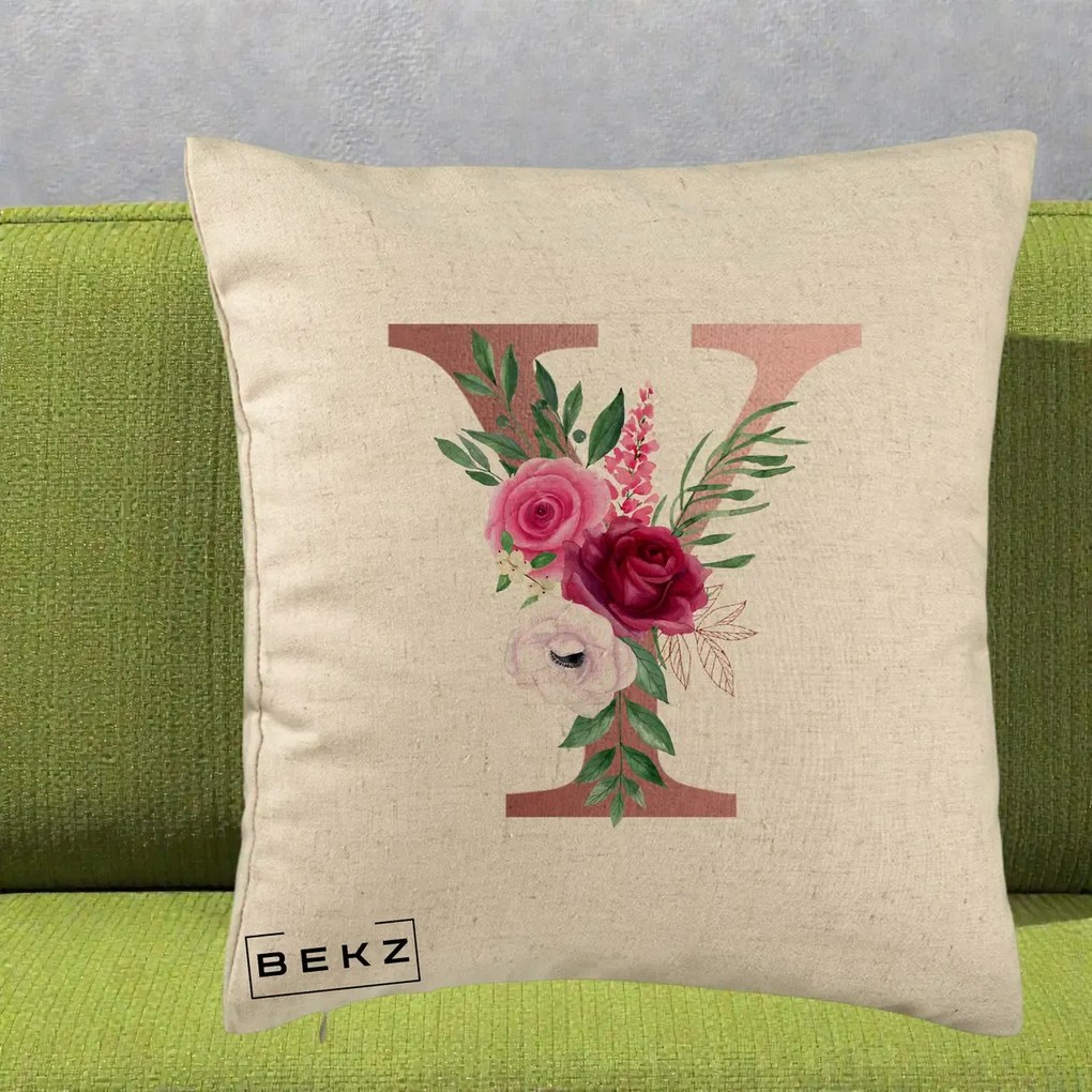 Cadou Personalizat - Perna Personalizata Monograma Rose Gold Litera Y, 40x40 cm, Bej, Husa Detasabila, Perna Inclusa, BEKZ®