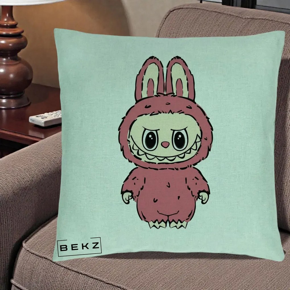 Perna Personalizata Labubu Roz Solo, 40x40 cm, Verde Menta, Husa Detasabila, Perna Inclusa, BEKZ®