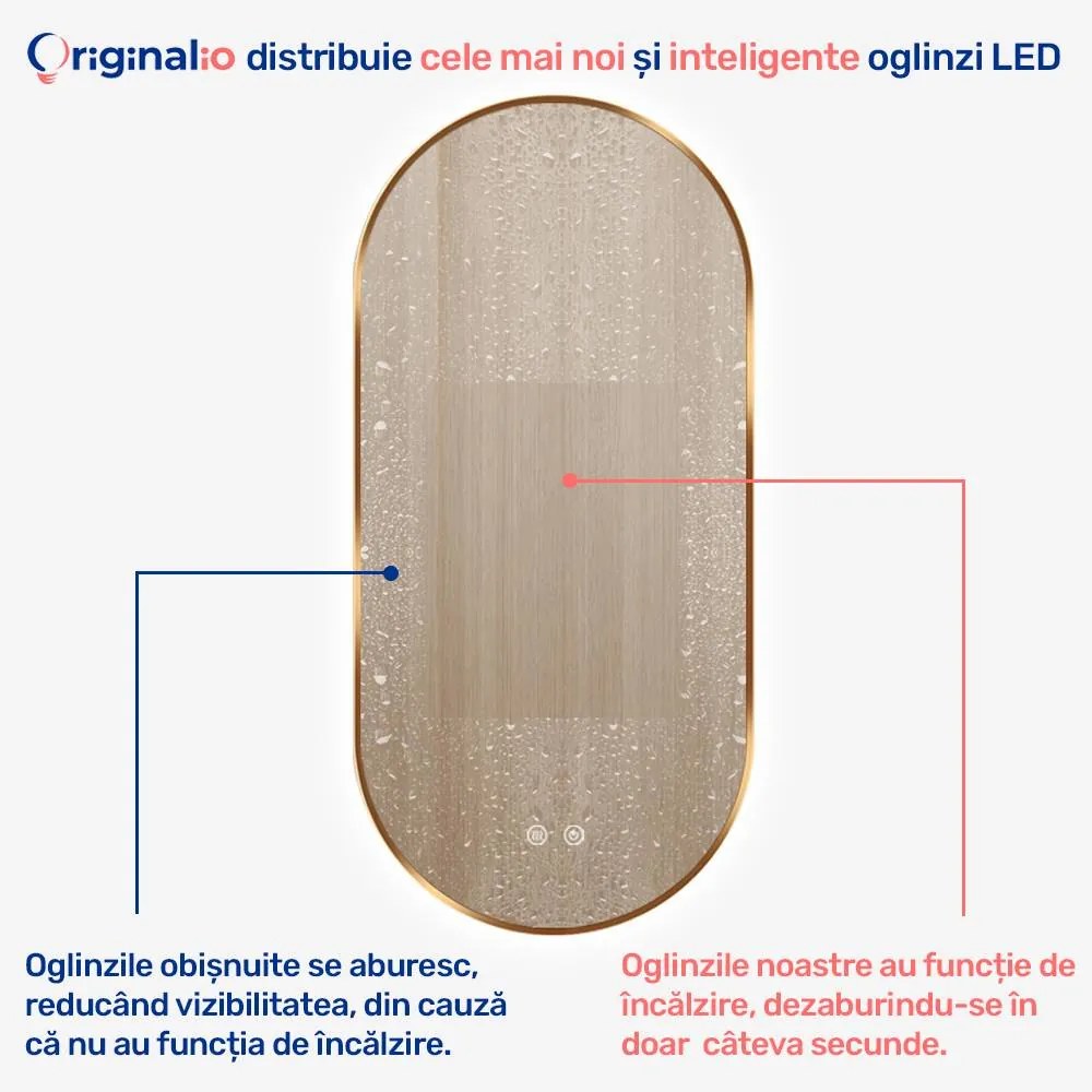 Oglindă LED Ovală (50x100 cm), 3 Moduri Iluminare (Lumină Rece, Naturală, Caldă), Intensitate Reglabilă, Funcție Dezaburire, Ramă Aluminiu, Control Tactil (Touch)