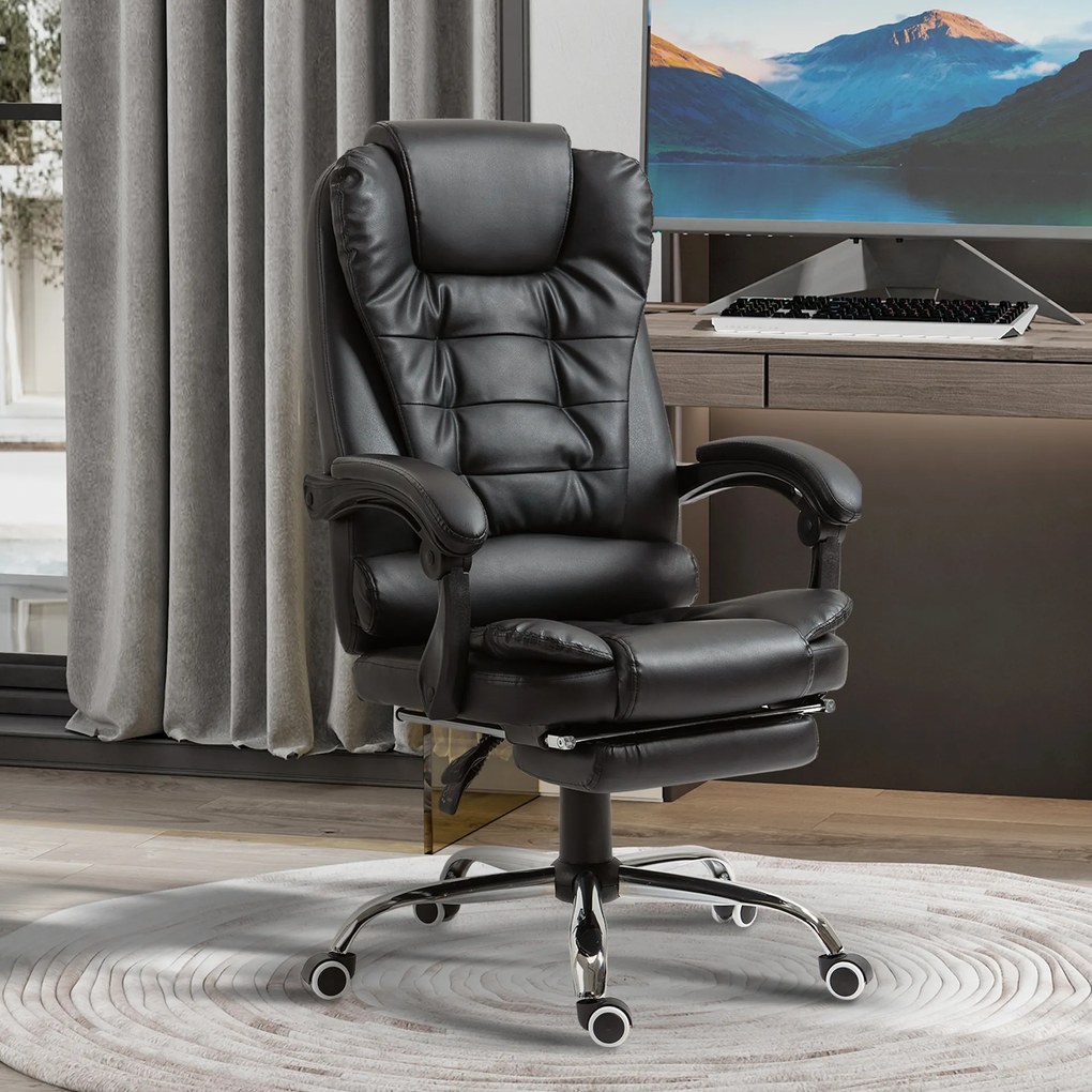 HOMCOM Scaun Birou din Piele Artificială Neagră Înălțime Reglabilă Spătar Rabatabil 64.5x69x127cm | Aosom Romania