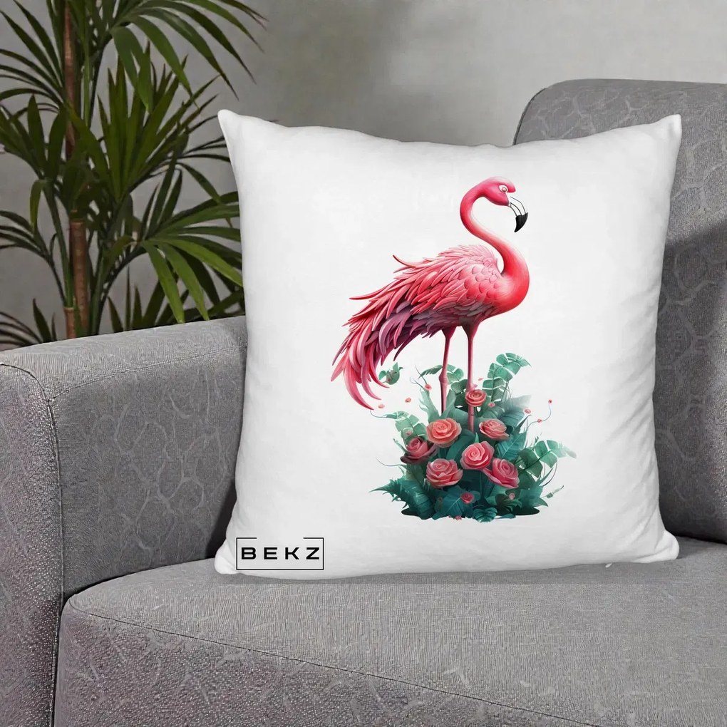 Perna Decorativa Flamingo cu Trandafiri Tropicali, 40x40 cm, Alb Pufos, Husa Detasabila, Perna Inclusa, BEKZ®