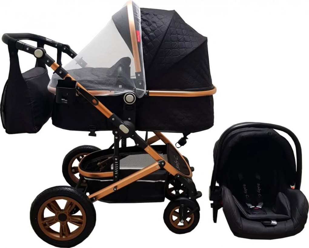 Carucior nou nascuti 3 in 1 Baby Care™ PRO 530 ,Cu geanta bebe, Cadru Aluminiu Gold, Amortizoare, Roti din cauciuc plin AVE, Landou, Scoica auto,