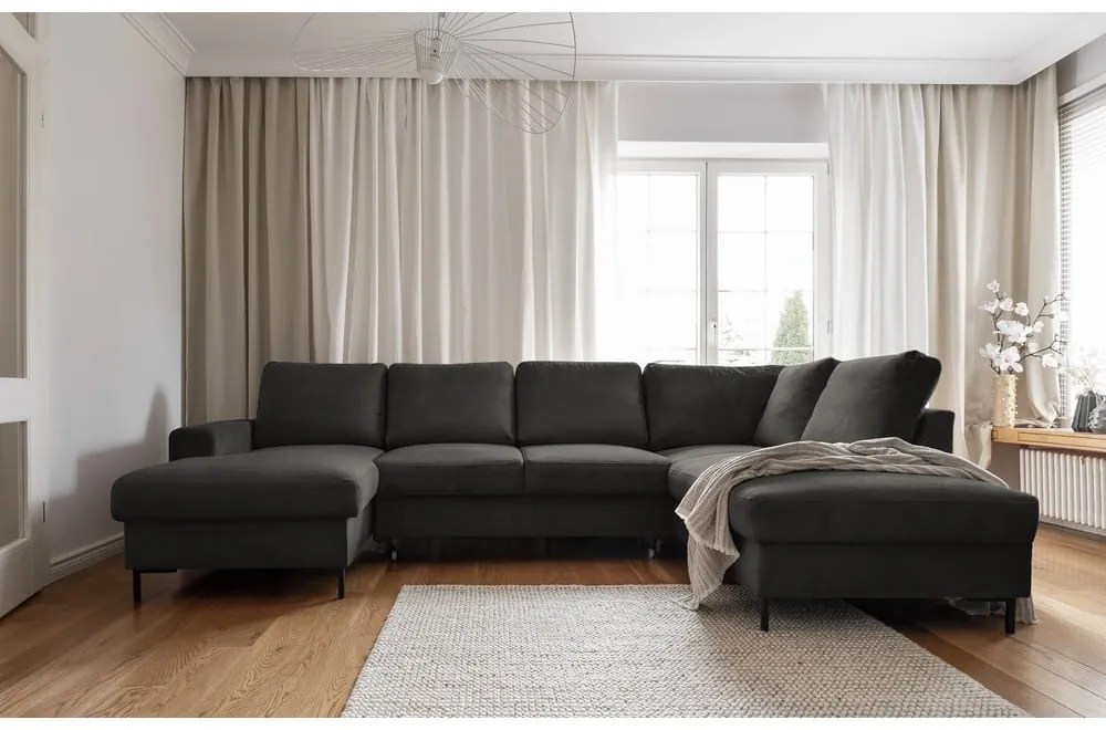 Colțar gri închis extensibil cu tapițerie din catifea reiată (cu colț pe partea dreaptă) Lofty Lilly – Miuform