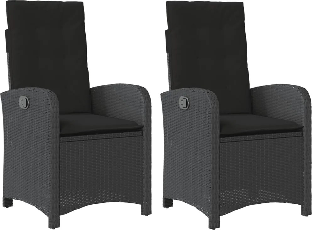 vidaXL Scaune de grădină rabatabile cu perne, 2 buc., negru, poliratan