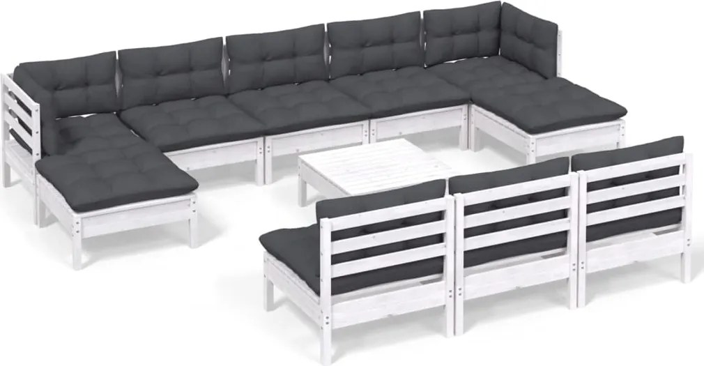 vidaXL Set de șezlonguri de grădină cu perne 11 piese alb lemn de pin