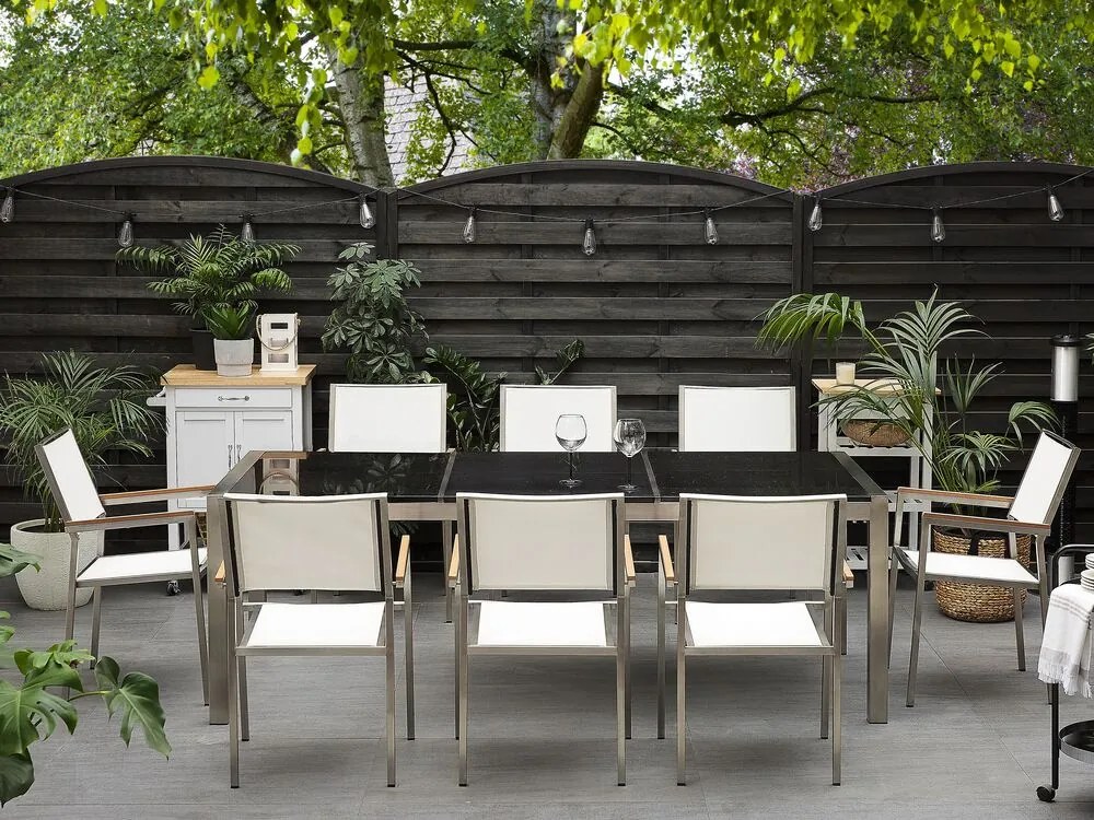 Set de masă pentru grădină Grosso (negru) (scaune albe) (pentru 8 persoane) (piatră). 1011653