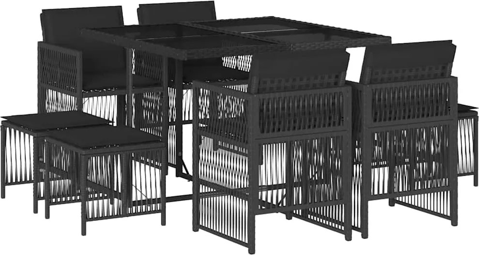 vidaXL Set mobilier de grădină cu perne, 9 piese, negru, poliratan