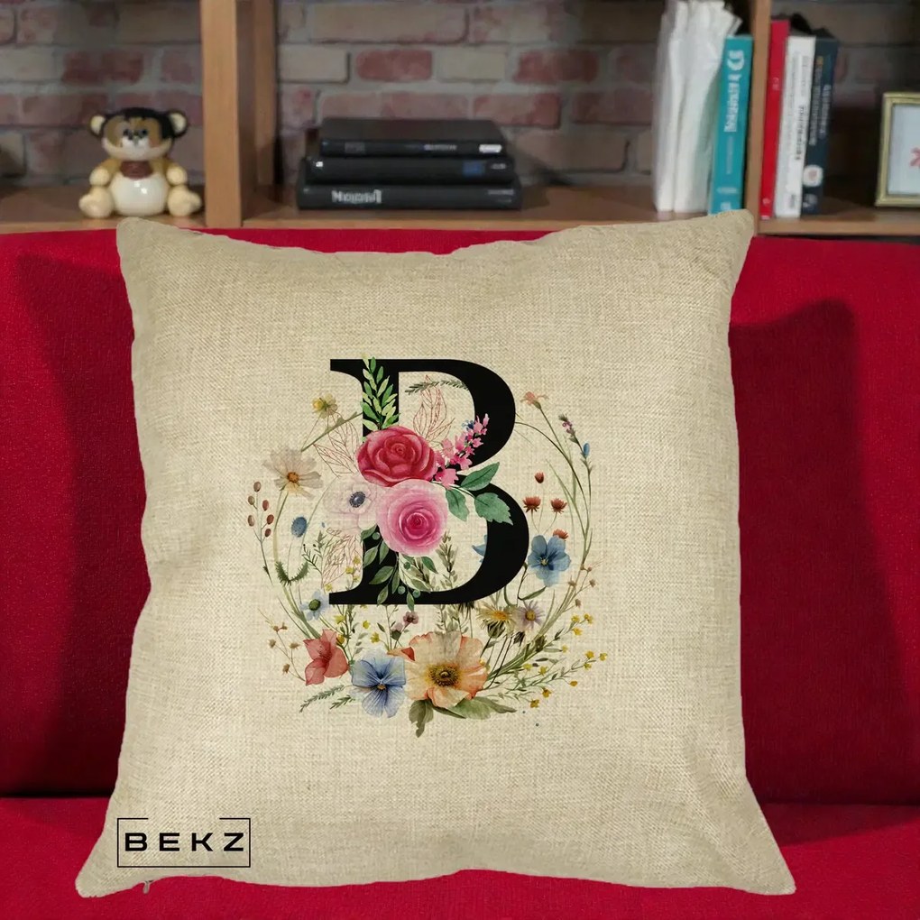 Cadou Personalizat - Perna Personalizata Monogram Litera B cu Flori Acuarela, 40x40 cm, Crem, Husa Detasabila, Perna Inclusa, BEKZ®