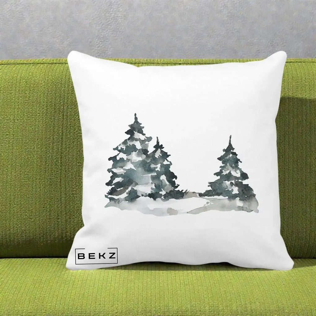 Perna Decorativa Brazi Inzapeziti Acuarela, 40x40 cm, Alba Mata, Husa Detasabila, Perna Inclusa, BEKZ®
