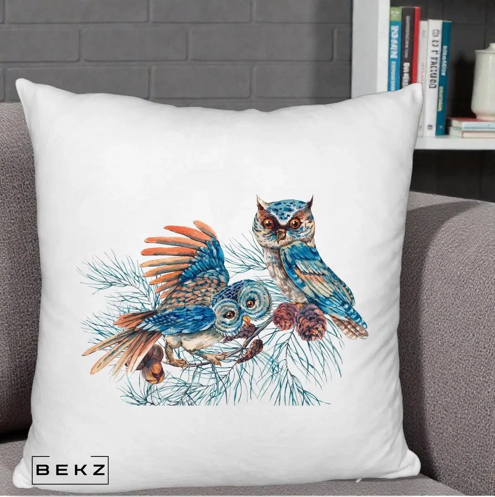 Perna Decorativa Bufnite de Iarna Albastre, 40x40 cm, Alb Pufos, Husa Detasabila, Perna Inclusa, BEKZ®