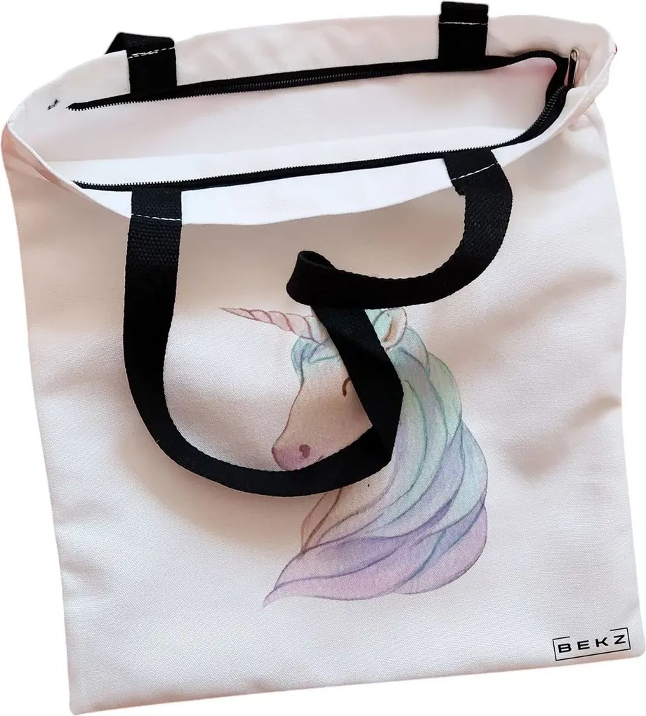 Sacosa de Panza pentru Cumparaturi, Geanta Tote, model Unicorn, Cu fermoar, 38x34.5 cm, Alba, BEKZ®