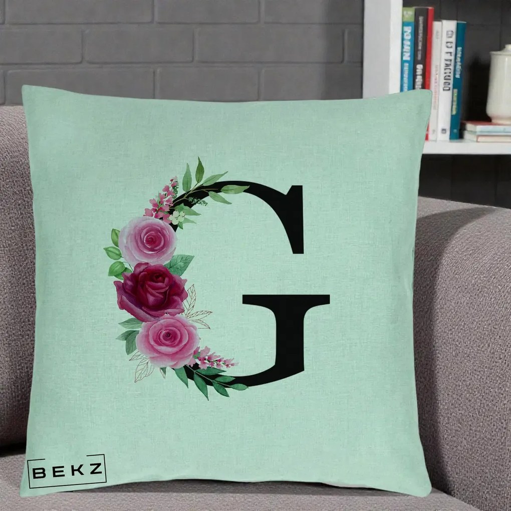 Cadou Personalizat - Perna Personalizata Monograma Florala Litera G, 40x40 cm, Verde Menta, Husa Detasabila, Perna Inclusa, BEKZ®
