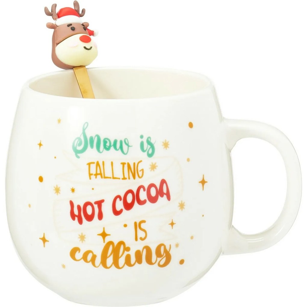 Cană de porțelan de Crăciun cu linguriță Ren 550ml