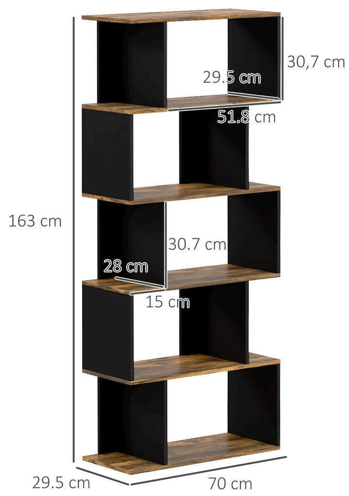 HOMCOM Biblioteca Moderna cu 5 Nivele, 10 Rafturi de Depozitare Deschise pentru Camera de Zi, Biroul de Studiu de Acasa, Maro Rustic | Aosom Romania