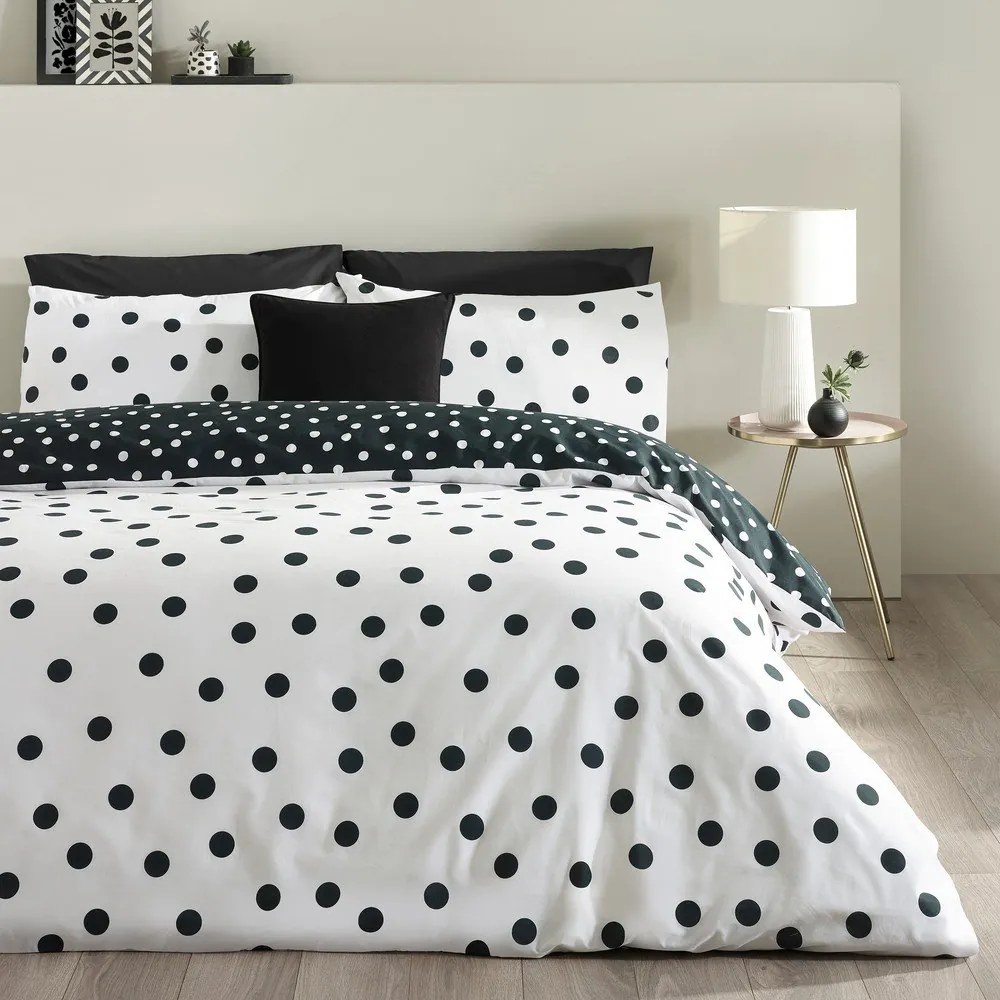 Lenjerie de pat alb-negru pentru pat dublu cu 3 piese 200x200 cm Polka Dot – Catherine Lansfield