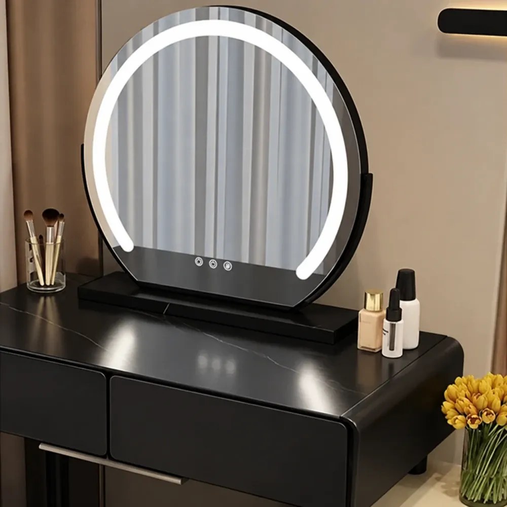 Set KARLA – Masă de Toaletă pentru Machiaj, Oglindă Iluminată LED, Control Touch, 5 sertare, Comoda, Scaun tip boucle, Negru