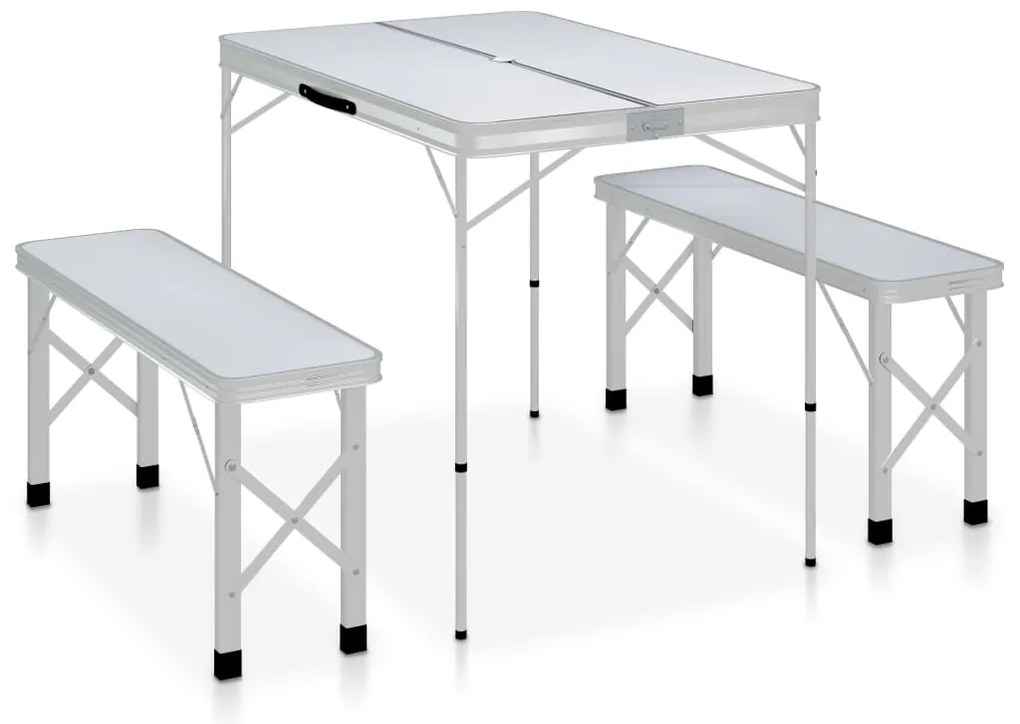 vidaXL Masă de camping pliabilă cu 2 bănci, alb, aluminiu