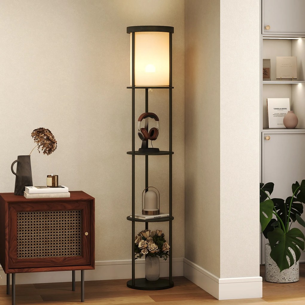 HOMCOM Lampă de podea cu 3 rafturi, design rotund, telecomandă, comutator de picior, temperatură de lumină reglabilă, pentru living, Negru | Aosom Romania