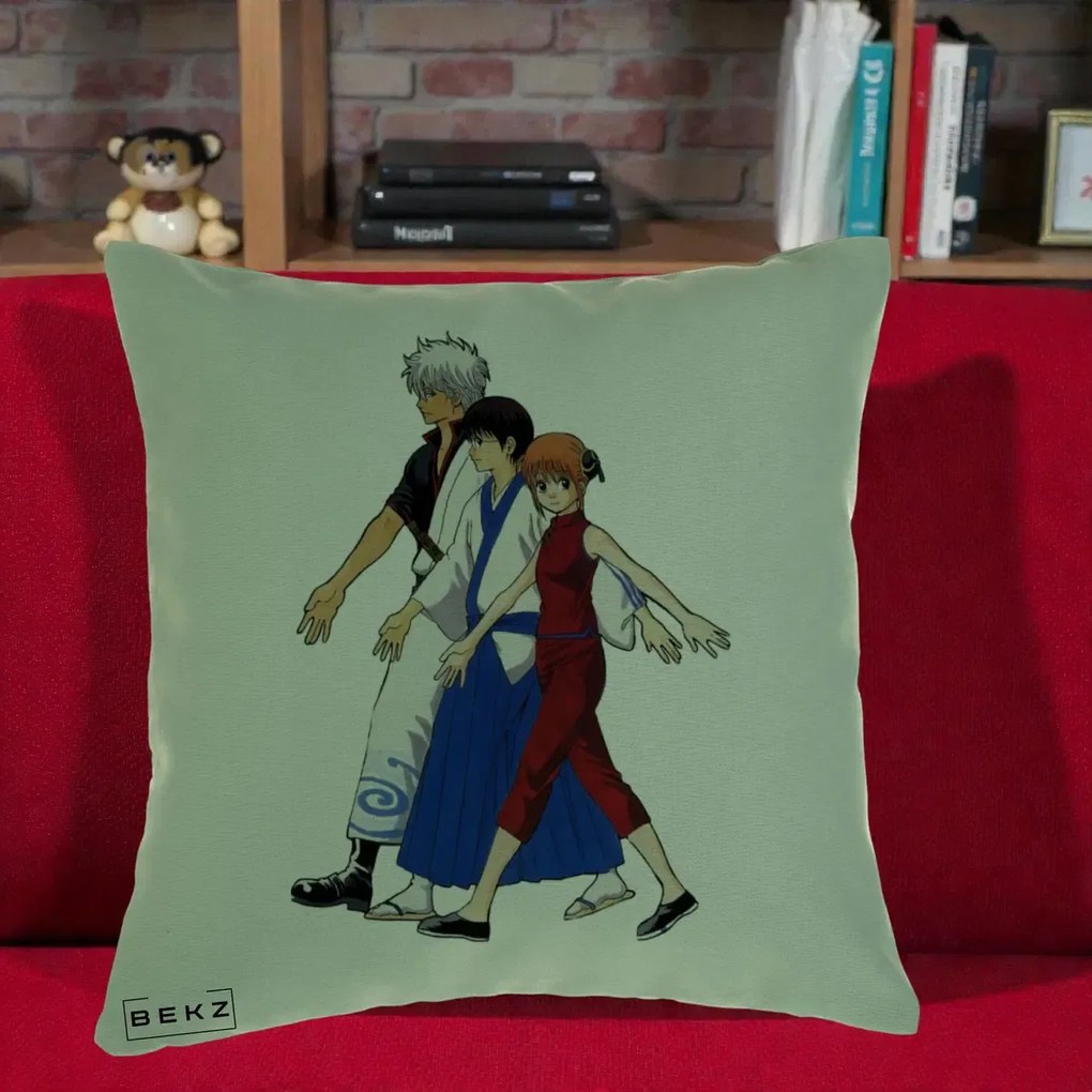 Perna Personalizata Gintama Trio Gintoki Shinpachi Kagura, 40x40 cm, Verde, Husa Detasabila, Perna Inclusa, BEKZ®