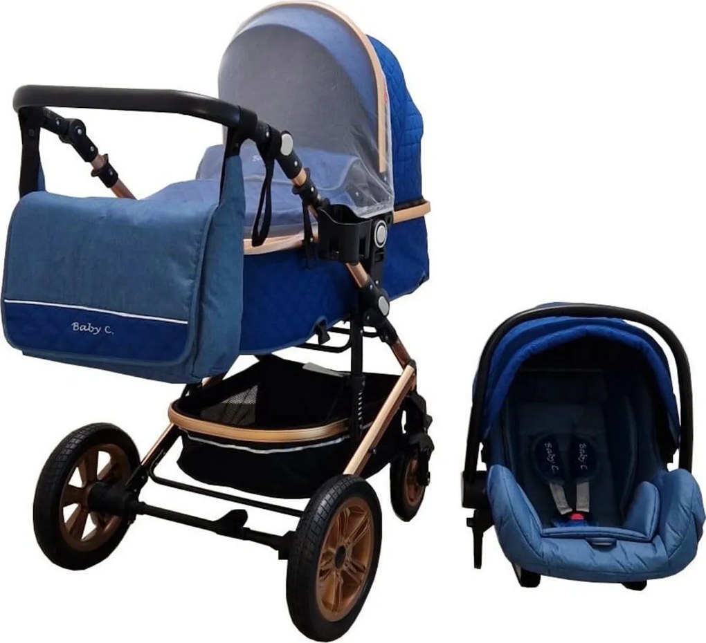 Carucior nou nascuti 3 in 1 Baby Care™ PRO 530, Cu geanta bebe, Cadru Aluminiu , Amortizoare, Roti din cauciuc plin AVE, Landou, Scoica auto, Spatar
