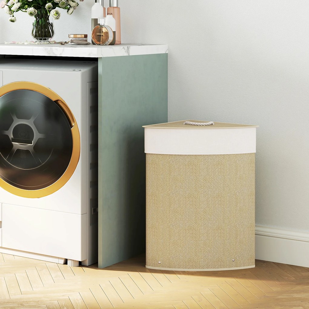 HOMCOM Coș de rufe din bambus 55L, coș triunghiular cu sac detașabil și lavabil, capac, mâner, 35x35x60cm, natural | Aosom Romania