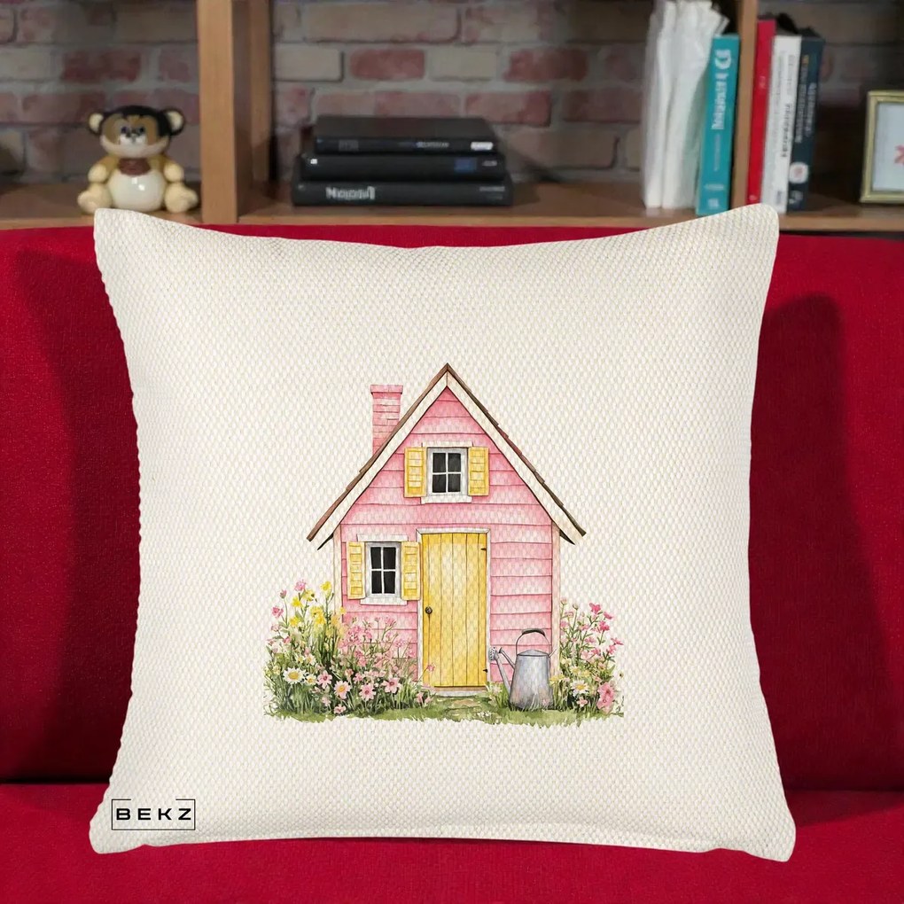 Perna Decorativa Casuta Roz Acuarela cu Gradina, 40x40 cm, Crem Reliefat, Husa Detasabila, Perna Inclusa, BEKZ®