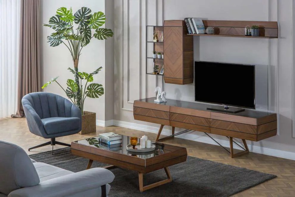 Set mobilier aden cu masa extensibila, comoda tv, cosola, etajera de perete cu polita si oglinda