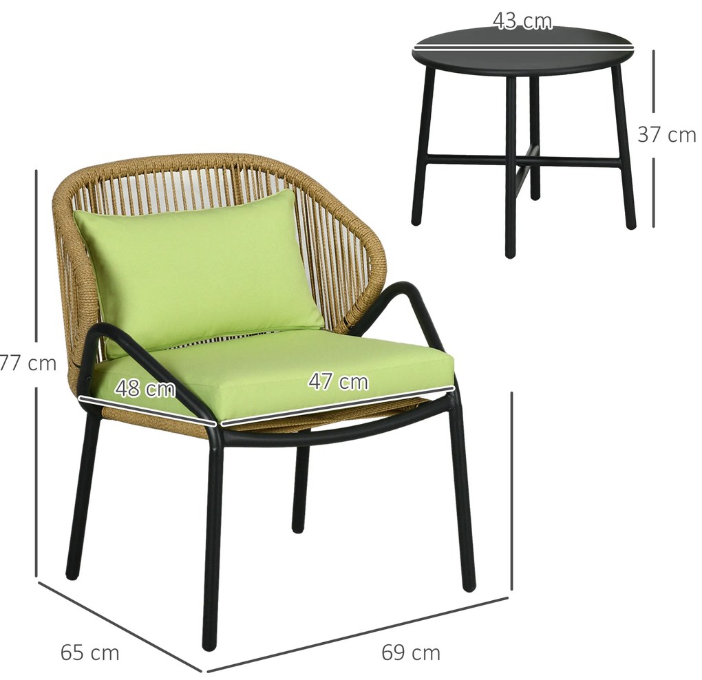 Outsunny Set de mobilier de terasă din ratan, 3 piese, cu perne pentru șezut și spate, ratan artificial, cadru metalic, Verde | Aosom Romania