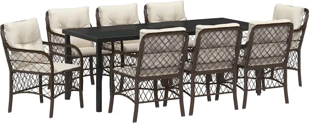 vidaXL Set de masă pentru grădină cu pernă 9 pcs Maro poliratan