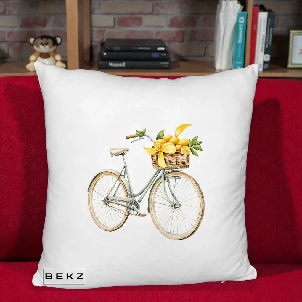 Perna Decorativa Bicicleta cu Cos de Lamai Mediteranean, 40x40 cm, Alb Pufos, Husa Detasabila, Perna Inclusa, BEKZ®