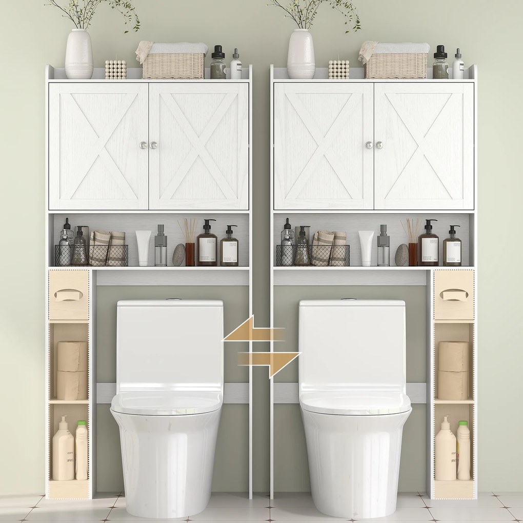 HOMCOM Mobilier WC deasupra toaletei cu dulap uși în formă de X, raft reglabil, compartimente și suport de hârtie, alb | Aosom Romania