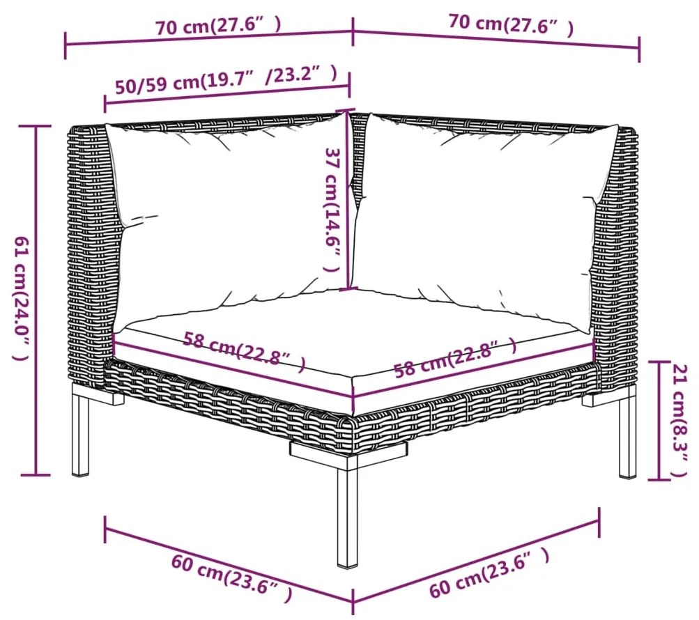 Set mobilier de gradina cu perne, 8 piese, gri inchis poliratan 3x colt + 4x mijloc + masa, 1